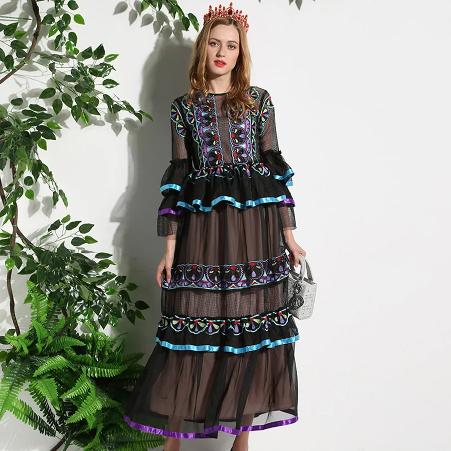 Платье с длинным рукавом винтажное синее фиолетовое цветочным принтом|fashion long