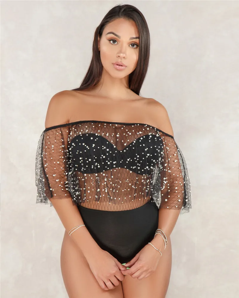 Жемчуг бисер пикантные женский костюм с сеткой с открытыми плечами See Through Bodycon комбинезон лоскутное черный элегантный ночной клуб Боди