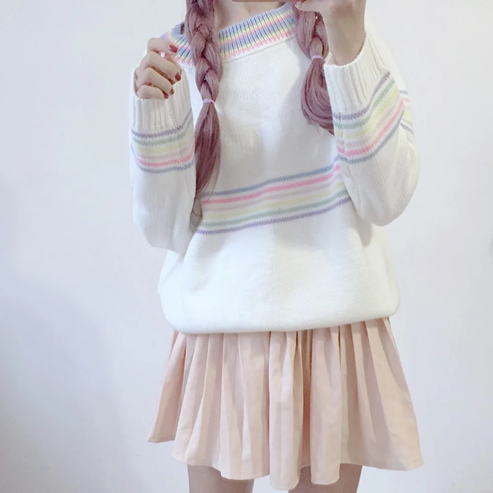 Осеннее издание свежий милый пуловер в разноцветную полоску с длинными рукавами