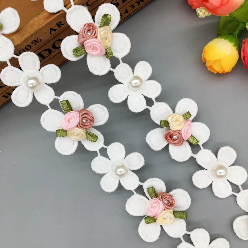 2 ярда цветок розы кружевная Аппликация из бисера жемчужная лента африканские