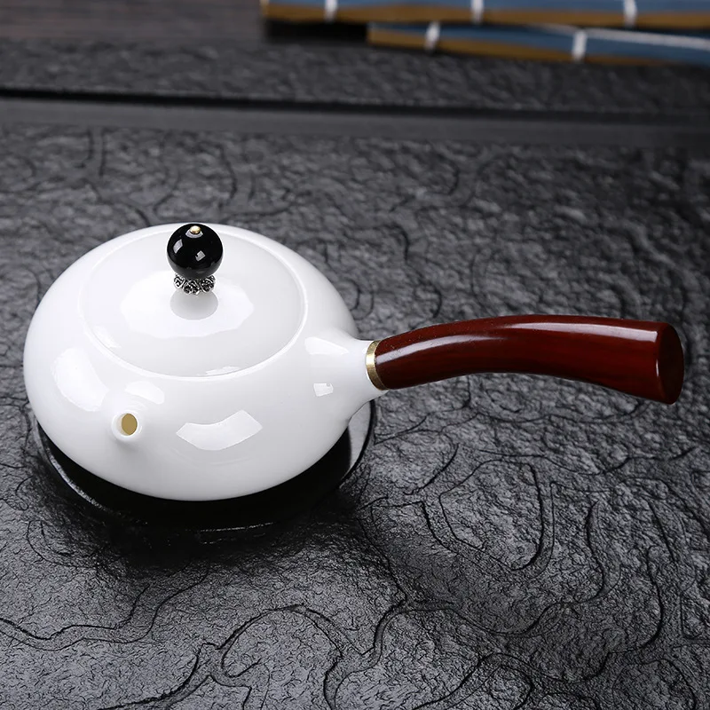 Dehua suet jade white porcelain Chinese household solid wood side teapot handmade health | Дом и сад