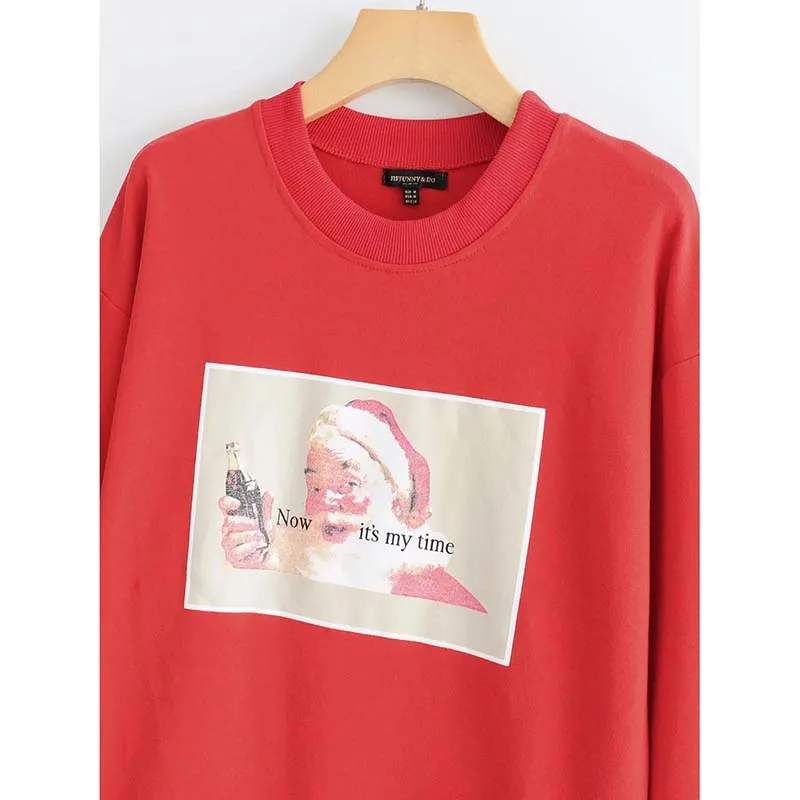 Красный пуловер с принтом и круглым вырезом большие размеры толстовки капюшоном