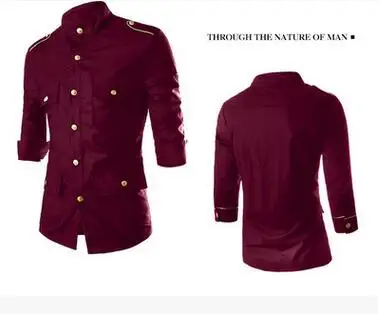 wine red Мужская мода золотые погоны Muitl кнопка карманы стоячий воротник 3/4 рукав тонкая Повседневная рубашка черный Размер - Цвет: wine red