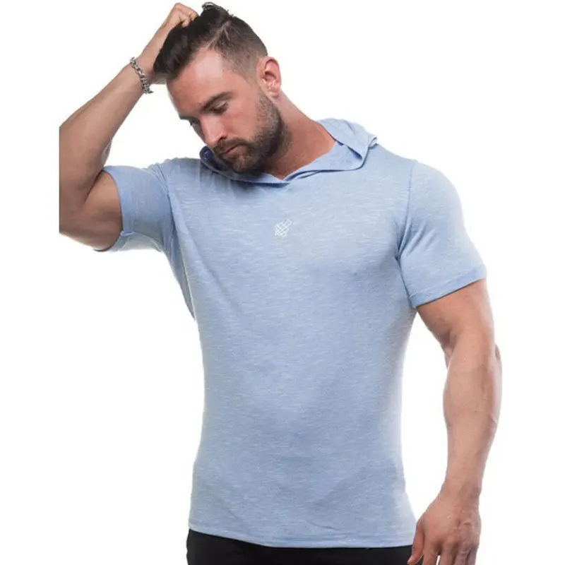 Light Blue Новая спортивная рубашка для мужчин сухой облегающий для спортивного зала Crossfit футболка с капюшоном с коротким рукавом Фитнес футболка для спортзала тренировки Футболка для бега мужские топы - Цвет: Light Blue