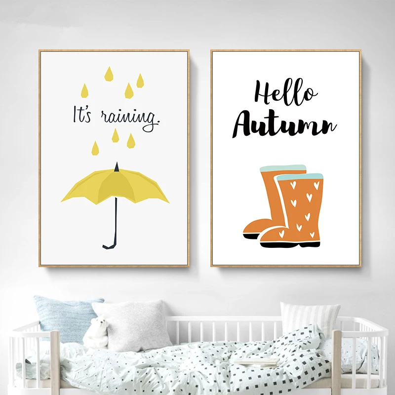 

Cartoon Umbrella Art Canvas Painting Nordic Poster Clouds Rain Boots Canvas Prints Nursery Home Decor Wall Pictures No Framed