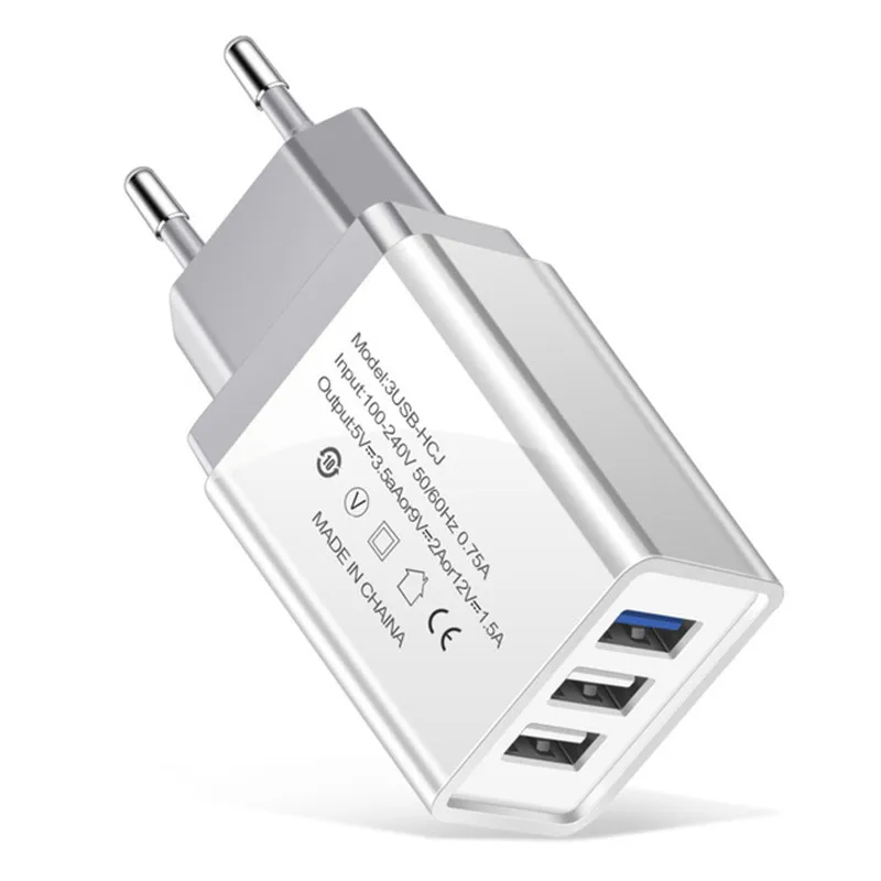 EU White 5 В/2 А 3 порта USB зарядное устройство EU/US адаптер traverl зарядное устройство для apple iphone samsung xiaomi huawei зарядное устройство s micro usb кабель - Тип штекера: EU White