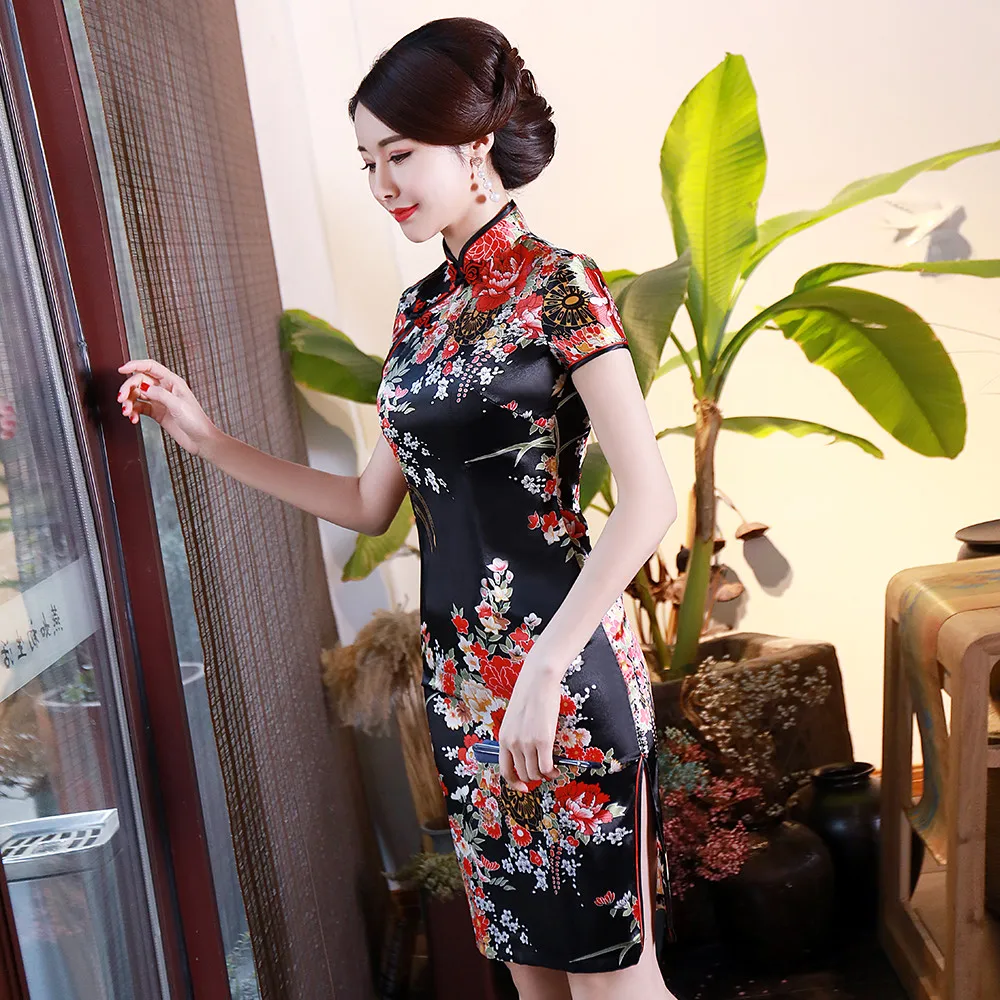 Черный цветочный принт женское короткое тонкое Cheongsam сексуальное китайское традиционное платье с высоким разрезом размера плюс вискоза Qipao Vestidos S-6XL