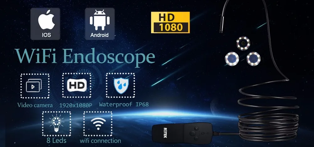 Беспроводной Эндоскоп HD1080P 1000mAh Wifi USB бороскоп, IP68 Водонепроницаемая Инспекционная камера, полужесткая Гибкая камера змеи