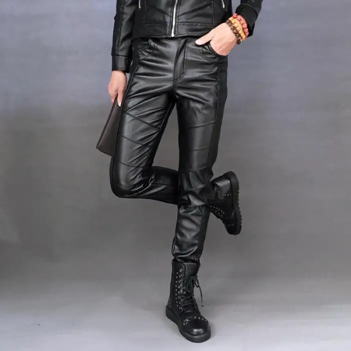 Autumn winter personality fashion velvet motorcycle faux leather pants mens feet pants pu trousers for men pantalon homme