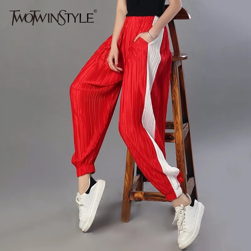 TWOTWINSTYLE шифоновые шаровары женские с рюшами Боковые Полосатые эластичные шорты