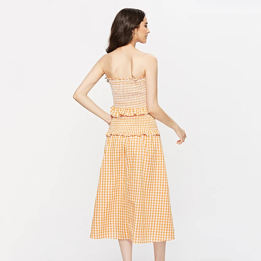 OOTN летние женский комплект 2 шт. оранжевый плед Ruched укороченный топ и юбка