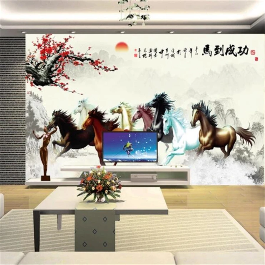 Фотообои на заказ 3d фрески бумага для рисования конь к успеху восемь лошадей