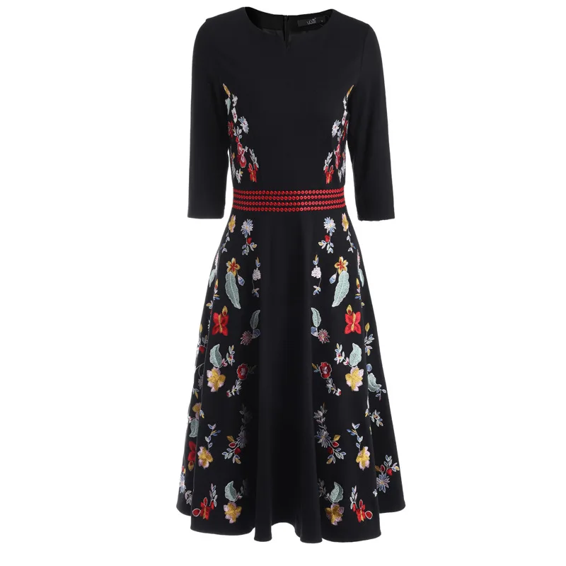 Top Quality Dress New 2019Spring Autumn Dress Women Vintage Floral Embroidery Patchwork A-Line Rockabilly Dress for Party Event