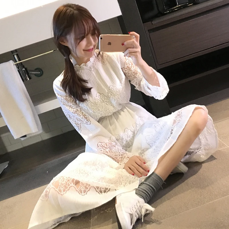 Новинка лета 2017 винтажные женские кружевные длинные платья в стиле преппи с