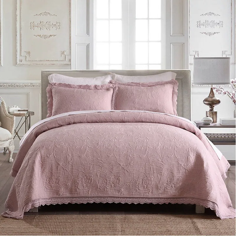

3pcs solid color 100%cotton embroidered patchwork quilt colcha full queen size crochet lace bed cover bedspread free shipping LT