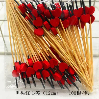 100pc12cm сердце бамбука Палочки шведского стола фрукт для кекса вилка вечерние десерт салат коктейль ручки шампур для свадебного декора - Цвет: black