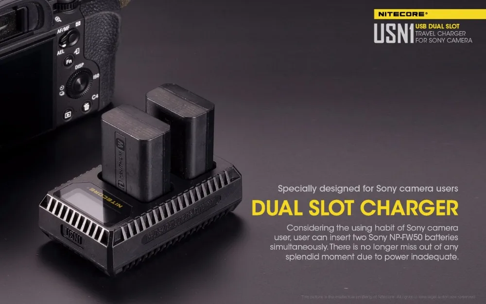 Nitecore USN1 цифровой двойной слот Путешествия Камера зарядное устройство для sony NP-FW50 батареи a5000 a5100 a6000 a6300 a6500 a7 II a7R a7R2