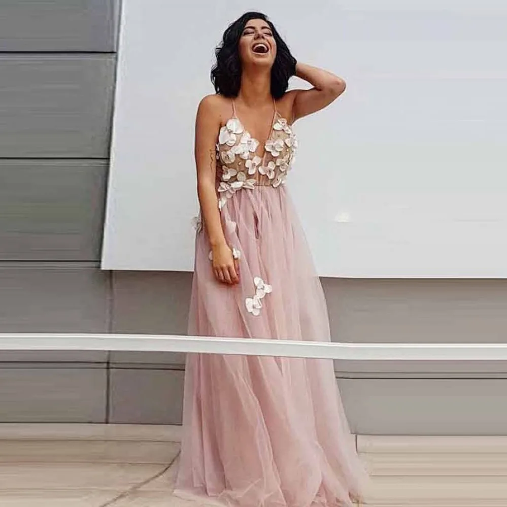 Boho Румяна розовые пляжные тюлевые платья для выпускного вечера сексуальные v-образным вырезом с открытыми плечами 3D Цветочные Выпускные платья Abendkleider Robe De Soiree - Цвет: Розовый