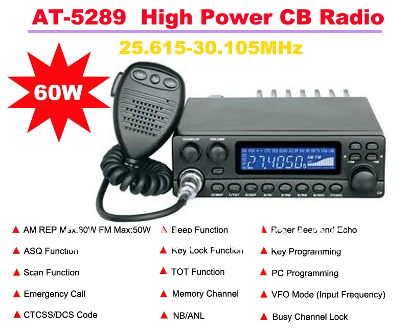 AnyTone AT-5289 25.615MHz-30.105MHz AM REP Max:60W  FM Max:50W High Power CB(Citizens Band) Radio Station Max 20KM Talking Range