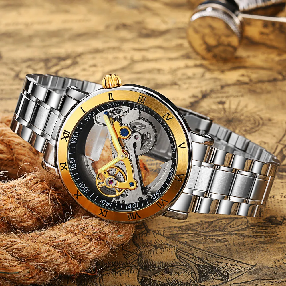 Fashion Top Mechanical Watch Men Unique Transparent Hollow Automatic Self Wind Watches Men Stainless Steel Tourbillon Watches