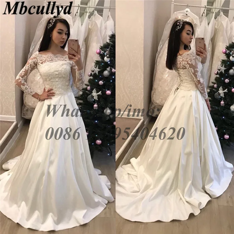 Свадебное платье Mbcullyd с длинными рукавами белое кружевное вырезом лодочкой в арабском стиле свадебное