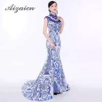 blue and white cheongsam long halter bandage modern qipao oriental evening dress woman banquet vestido chino vintage wedding
