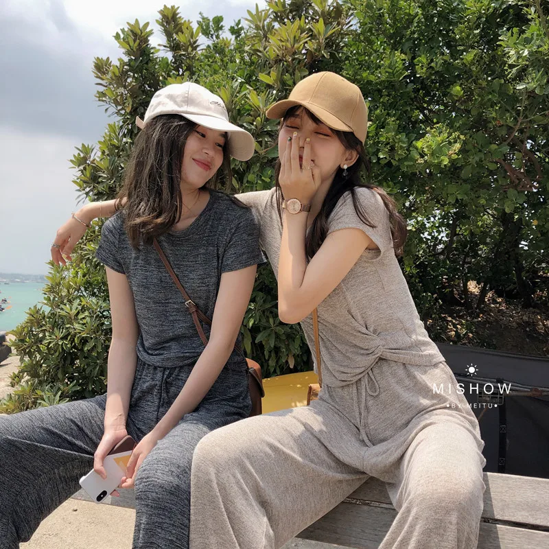 Mishow 2019 summer sport causal Two-piece suit women around neck short sleeve shirt + elastic waist drape pants MX19B3519 | Женская