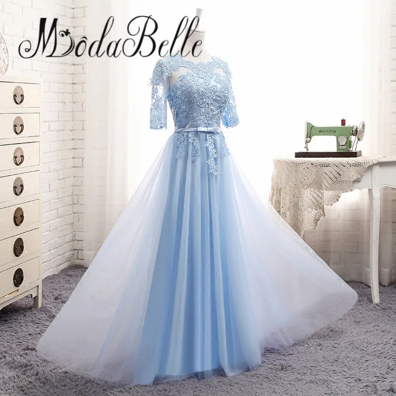 Модное Длинное кружевное синее платье подружки невесты с рукавами недорогое