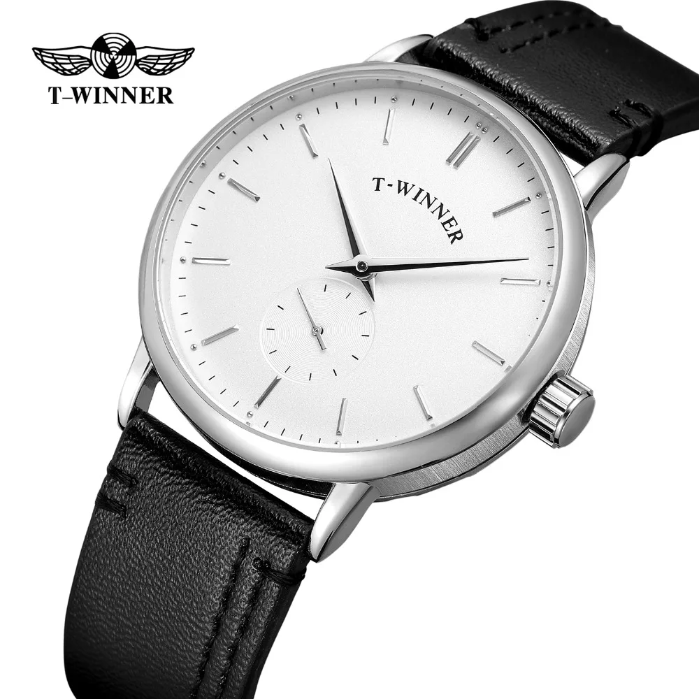

T-Winner Men's Watch Mechanical Hand-wind Fashion Casual Analog Leather Strap Original Factory with Bars Index Mechanics Watch