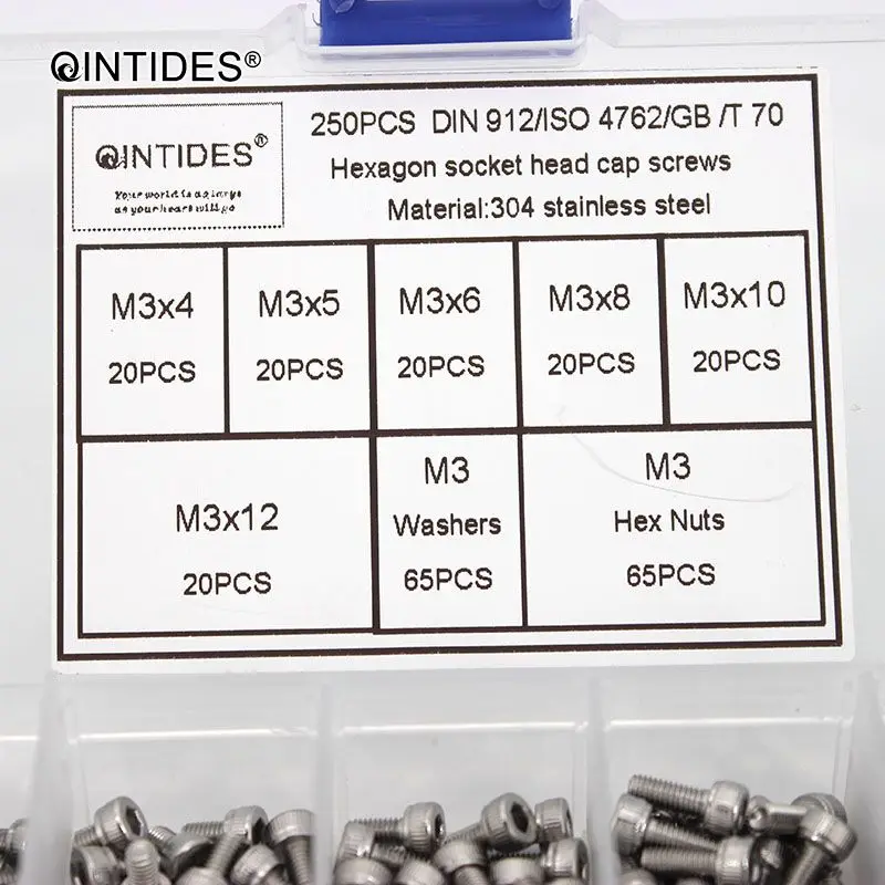 Qintides 250 шт./компл. DIN912 M1.6 M2 M2.5 M3 304 Нержавеющая сталь с шестигранной головкой Кепки винты велосипедные болты с шестигранной головкой, соответствующие стандартам Американского общества по Ассортимент Комплект