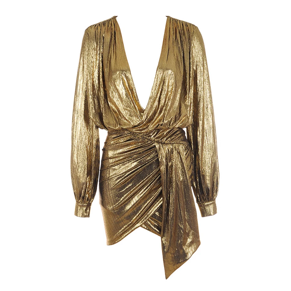 Женское платье с длинным рукавом Liser Золотое облегающее треугольным вырезом лето