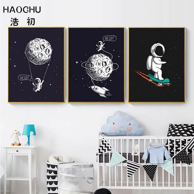 HAOCHU космическая сцена Луна печать рисунка картина на черном холсте для мальчиков