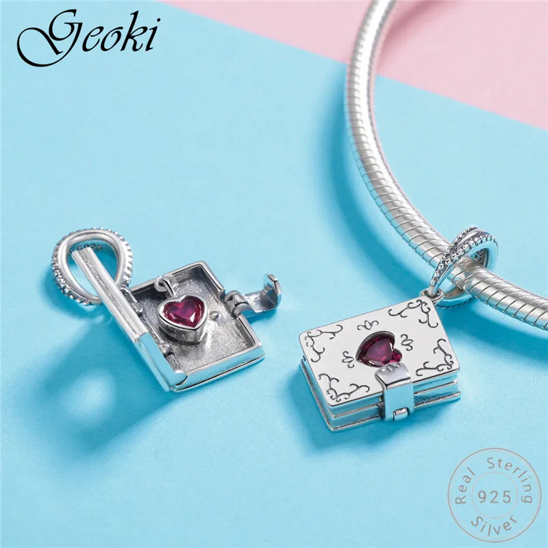 Geoki стерлингового серебра 925 Forever Love письмо книга Подвески fit браслет Pandora коробка сердце бусинами Цепочки и ожерелья Подвеска DIY