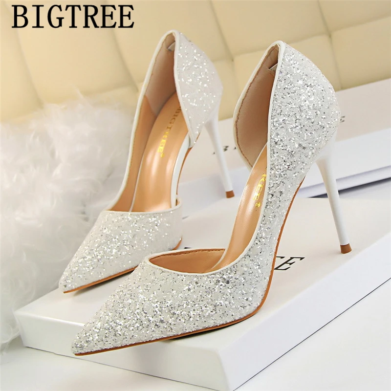 

Gold Heels Wedding Shoes Bride Glitter Heels Bigtree Shoes Fetish High Heels Sexy Ladies Pumps Dress Shoes Women Tacones Mujer