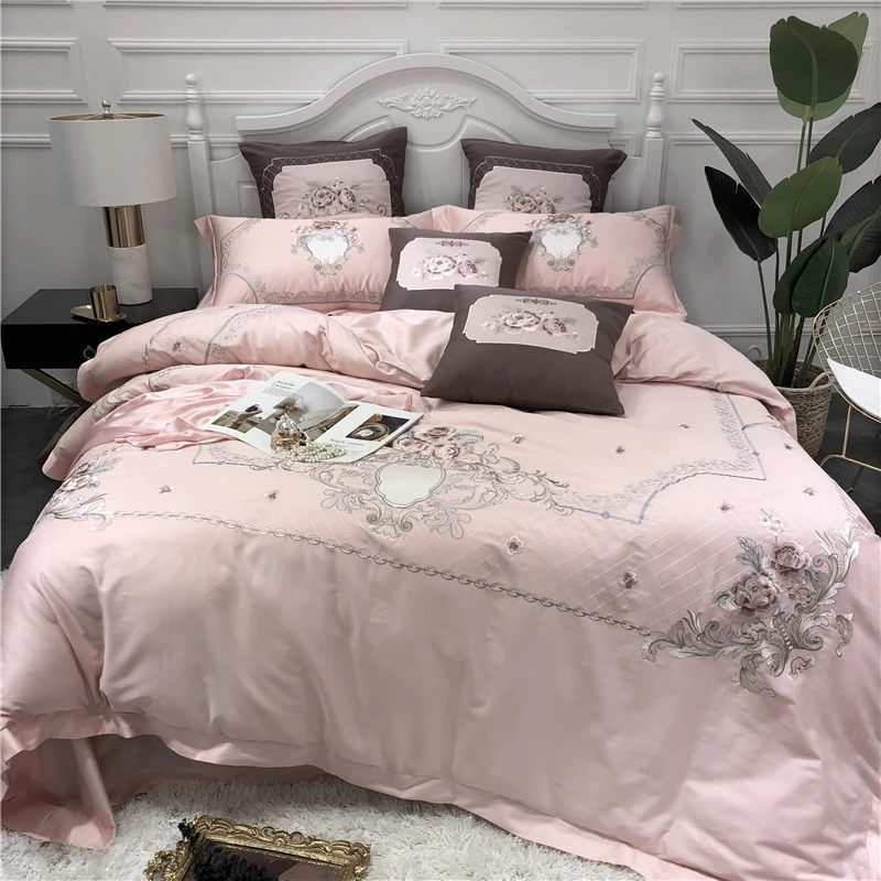 Роскошные 60S Египетский хлопок цветы вышивка Европейский дворец стиль розовый