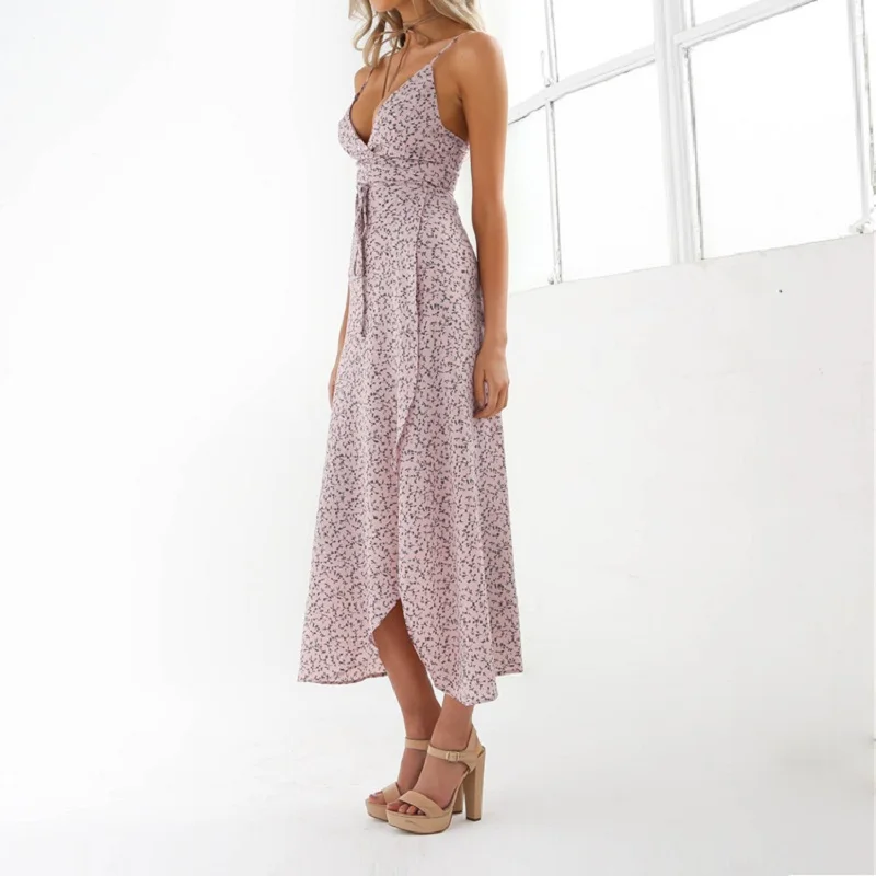 Ruffles Floral Printed Beach Boho Long Dress Women 2019 Summer Sexy V-neck strap Slit Lace Up Irregular Party Female | Женская одежда