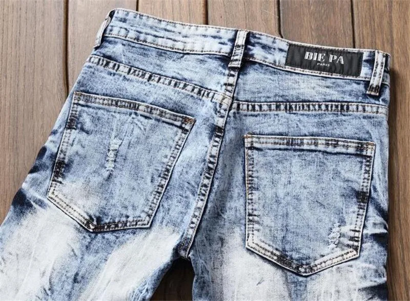 New fashion clothing designer pants destroyed mens slim denim straight biker skinny jeans men ripped Male Boys | Мужская одежда
