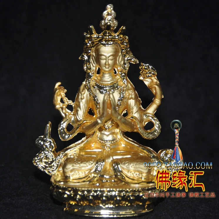 

Tantric small Buddha statue/ Buddhist supplies of Tibetan 7 cm high pure copper gold-plated four-arm Guanyin Buddha