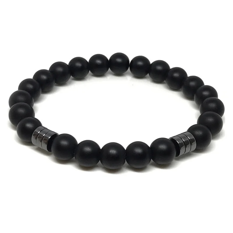 Black matte stone Бренд IRBACOO, модный мужской браслет, черный матовый натуральный камень, бусины с плоским гематитом, очаровательный эластичный браслет для мужчин - Окраска металла: Black matte stone