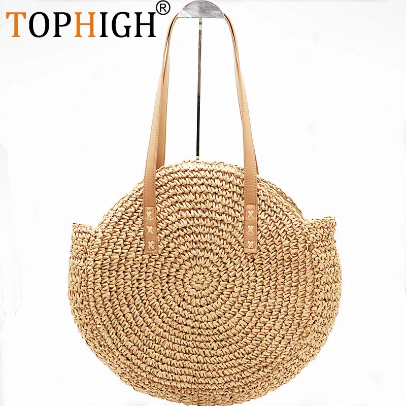 Женская сумка-тоут TOPHIGH из натуральной соломы большая круглая плетеная сумочка