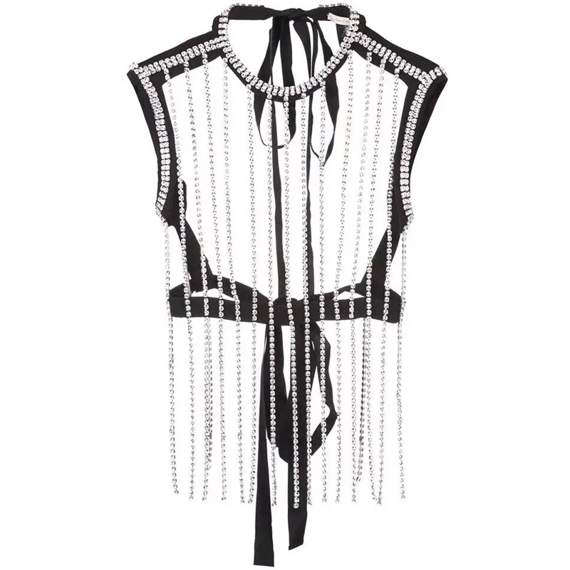 

OXANT Women's New Luxury Diamond Chain Lacing Waistband Vest Detachable Double Collar White Shirt