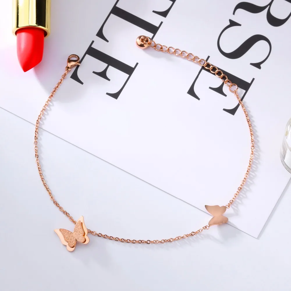 Fashion Butterfly Anklets Bracelet For Women Rose Gold Color Dull Polish Stainless Steel Ankle Jewelry Gift Length adjustable | Украшения и