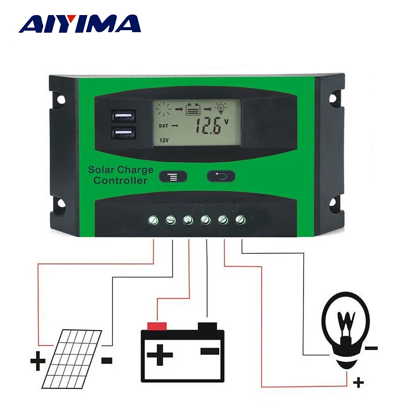 AIYIMA PWM 12 V 24 Солнечный контроллер 10A 20A 30A lcd функция двойной USB 5VDC выходной панели