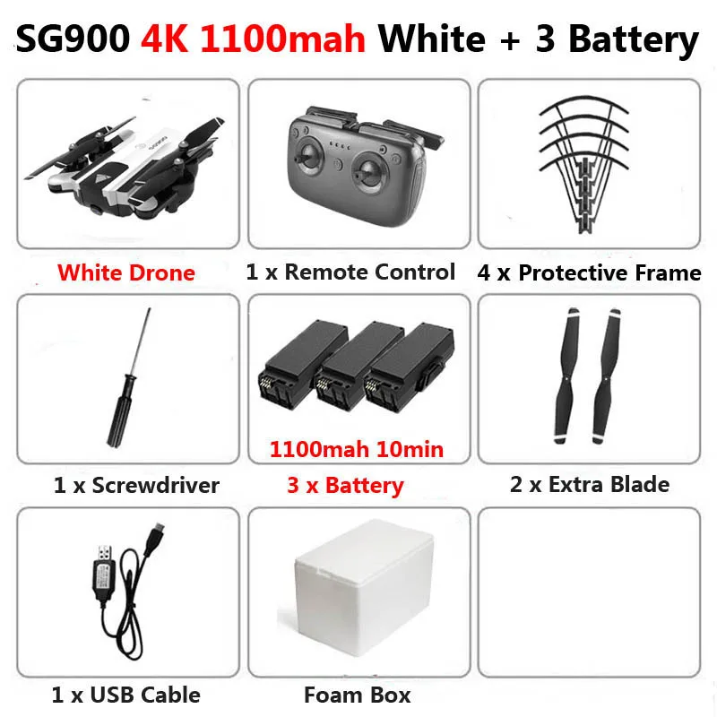 4K 1100 White 3 Foam SG900 Профессиональный WiFi FPV Дрон 720P 4K HD Двойная камера оптическая воздушная видео RC Квадрокоптер самолет Квадрокоптер игрушки X192 - Цвет: 4K 1100 White 3 Foam