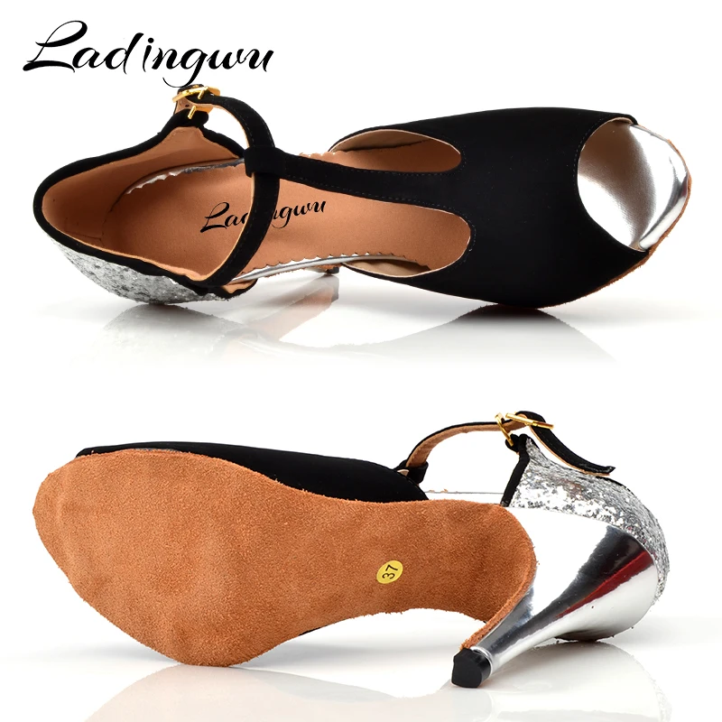 Ladingwu Dance Shoes Latin Women Black Flannel and Silver Glitter Ballroom Salsa Woman sandals for dance Heels 10cm | Спорт и
