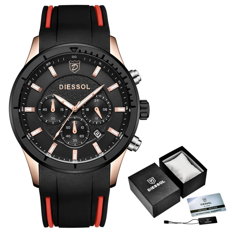 Rose Gold Black DIESSOL часы мужские модные Хронограф Спортивные кварцевые мужские часы, наручные часы лучший бренд Роскошные водонепроницаемые часы в стиле кэжуал Masculino - Цвет: Rose Gold Black