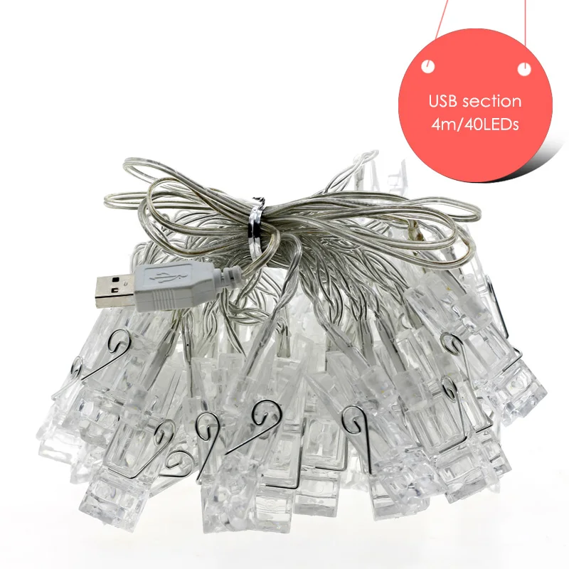 USB 4M 40LEDs Светодиодный гирлянда с зажимом, USB/батарея, карта питания, фото, Новогодняя гирлянда, Рождественская гирлянда, для улицы, для помещений, сказочные огни - Испускаемый цвет: USB 4M 40LEDs