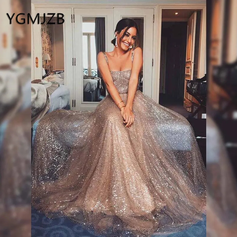 Длинное вечернее платье с блестками розовое золото а-силуэта 2019 | Свадьбы и