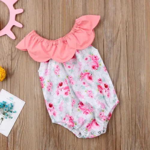 

Newborn Baby Girls Floral Jumpsuit Bodysuit Outfits Clothes Summer Fashion Lotus Leaf Style Sleeveless Cotton Clothing