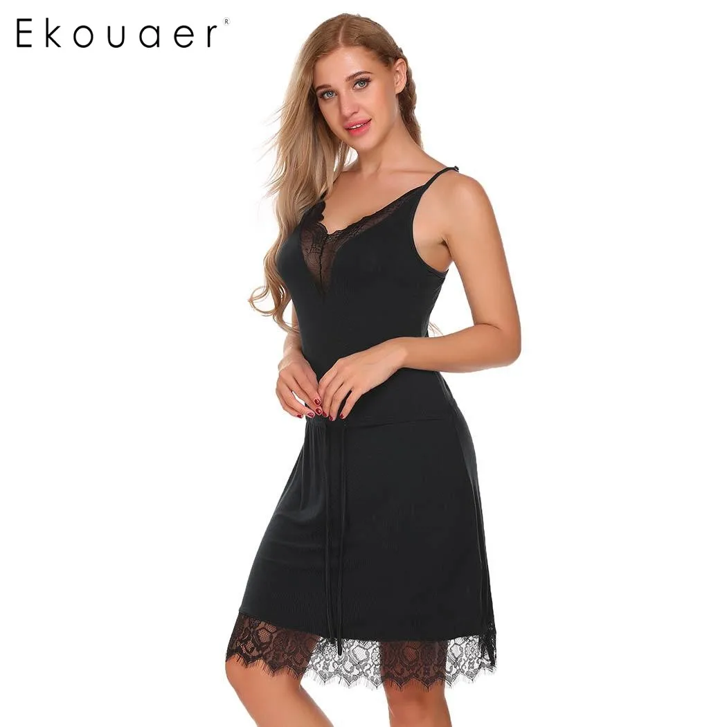 Женская ночная рубашка Ekouaer кружевная на тонких бретелях сорочка в стиле пэчворк